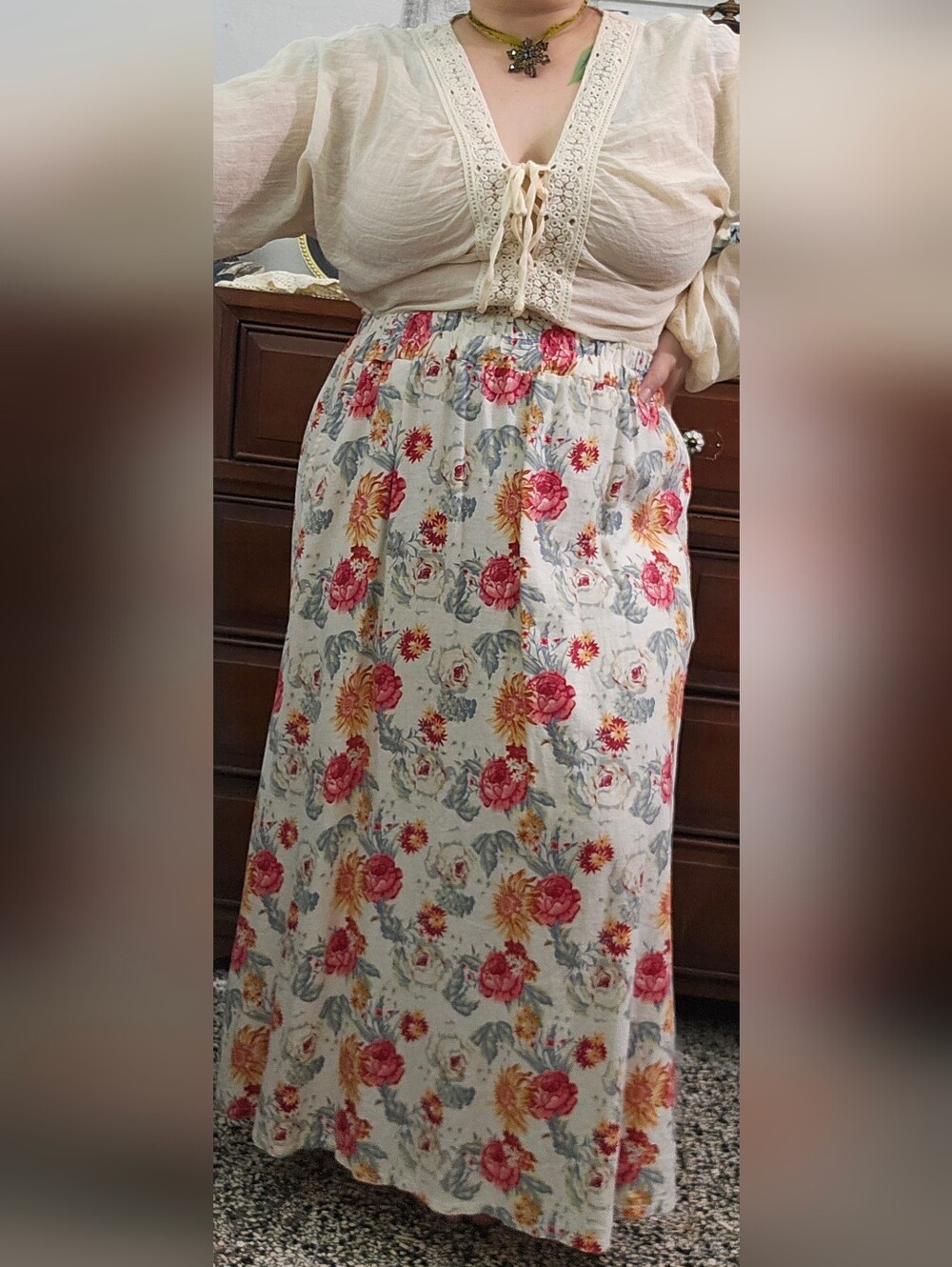 Kaktus White Maxi Skirt with Pink and Yellow Floral Print